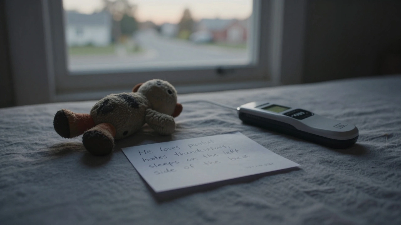 A handwritten note on a pet's bed with a favorite toy and a microchip scanner, bathed in dawn light.