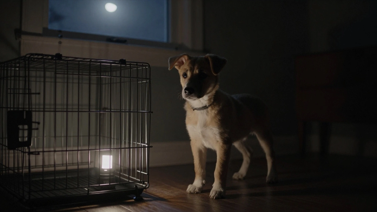 A puppy triggers a motion-sensor nightlight in a dark room, glowing gently as the rest remains shadowed.