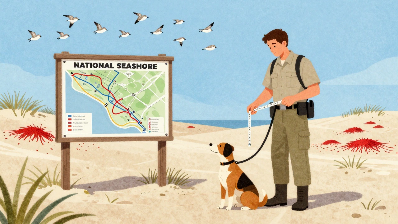 A ranger measures a dog's leash while nearby nesting areas are marked on a map, with shorebirds flying overhead.