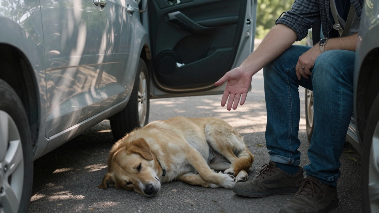 A sleeping dog in a car, a person hesitating to pet it, respecting the need for rest.