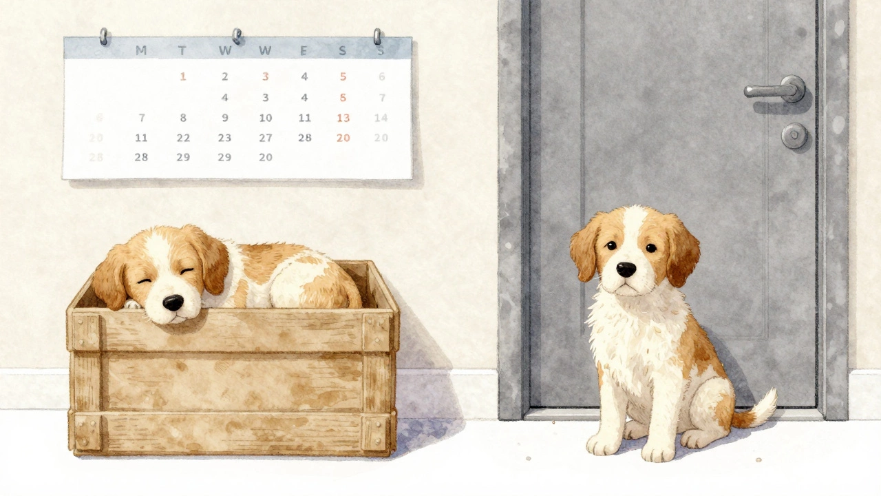 A split image showing a puppy in a crate and the same dog waiting at a door, with a weekly calendar visible.
