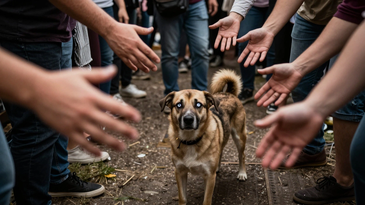 A stressed dog surrounded by outstretched hands at a busy festival, showing signs of anxiety.