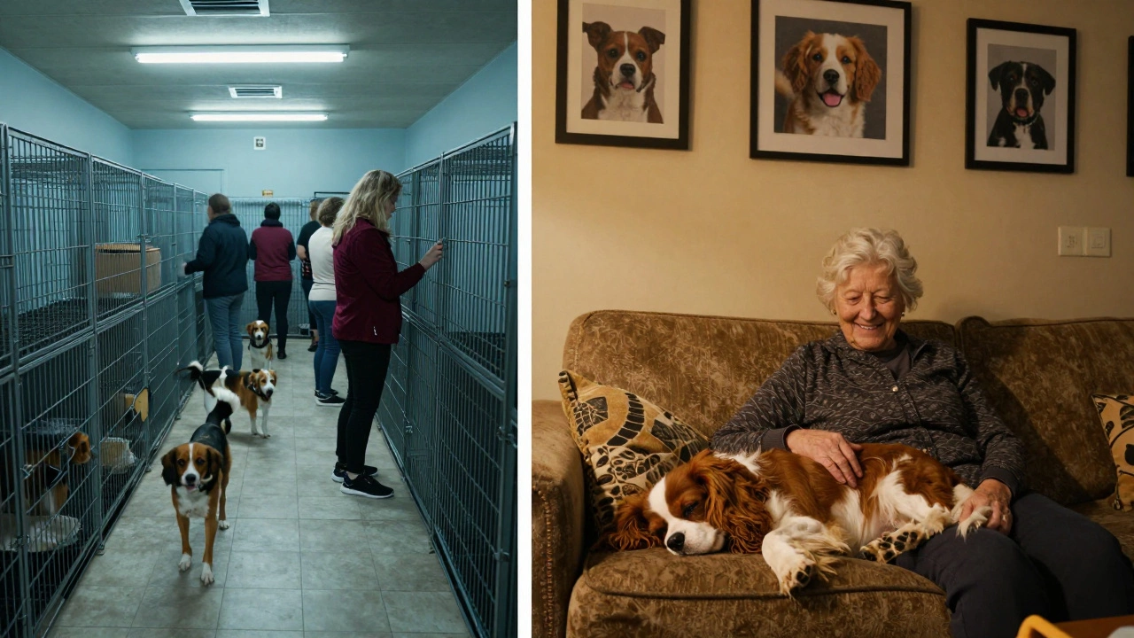 Contrasting images: overcrowded shelter cages vs. a dog sleeping peacefully on a sofa in a loving home.