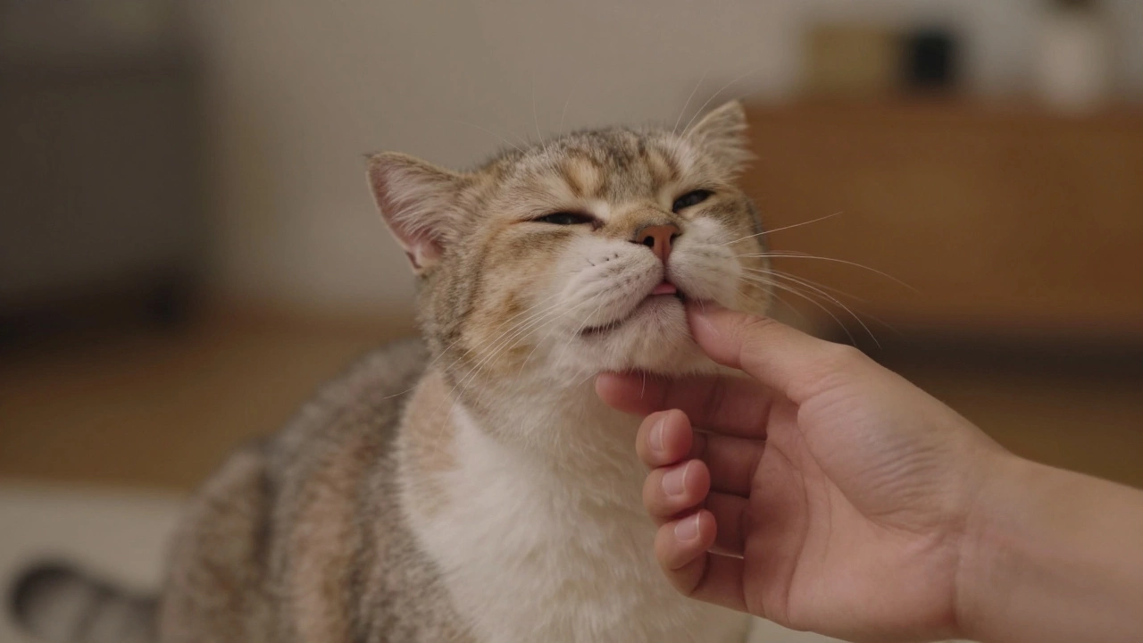 Gentle chin scratch on a purring cat in a warm, cozy environment