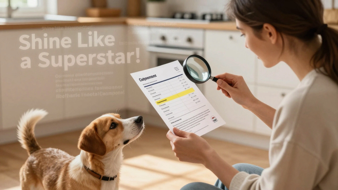 Owner reading supplement label with magnifying glass, dog watching