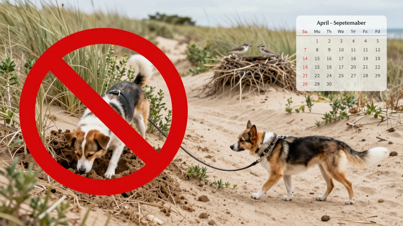Split image: one side shows a dog banned from dunes, the other shows the same dog on a leash on a permitted trail with protected bird nests.