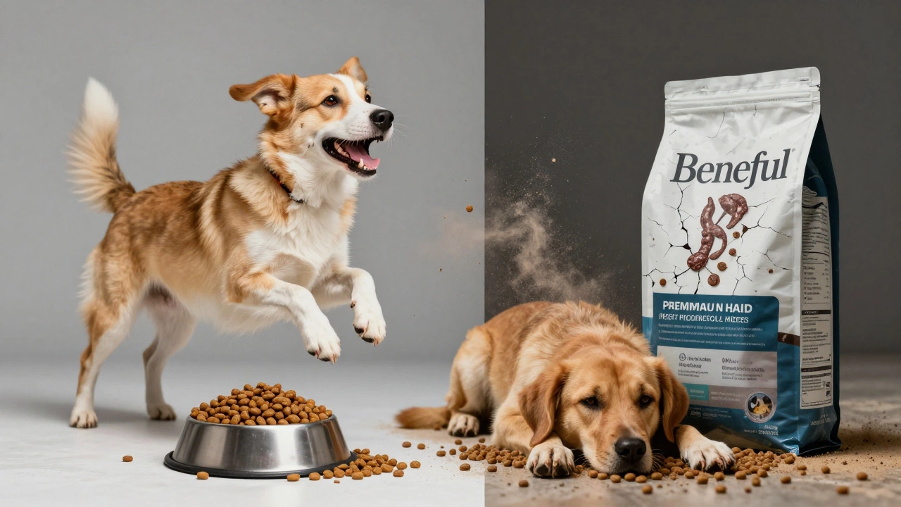 Split-screen: healthy dog with premium food vs. lethargic dog with Beneful and chemical ingredients.