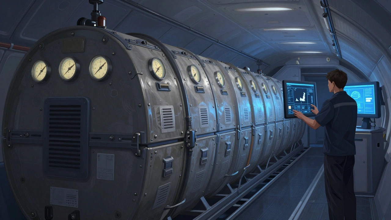 A climate-controlled cargo hold with secure pet crates and digital monitoring systems in dim blue light.