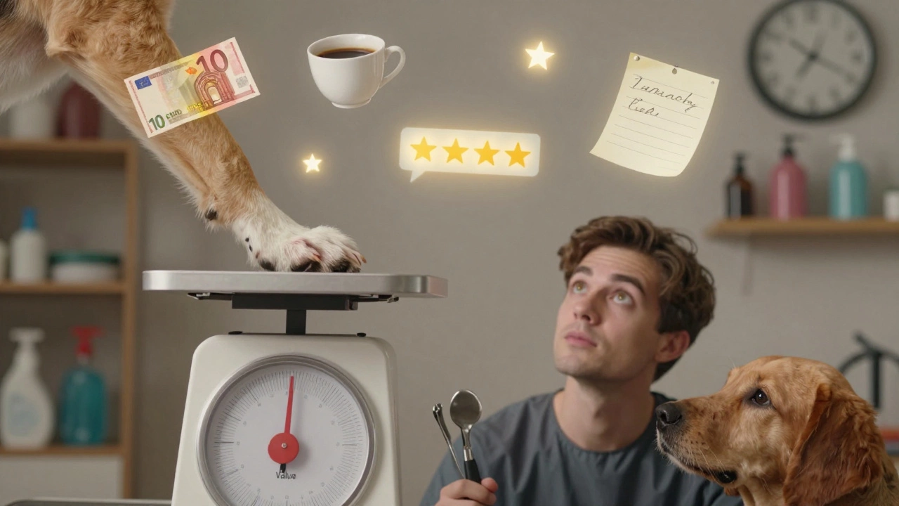 A dog's paw on a scale weighed down by symbols of appreciation: tip, coffee, review, and note.