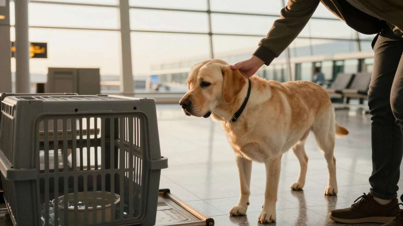 A dog being reunited with its owner at the airport cargo claim area, crate slightly open with water bowl.
