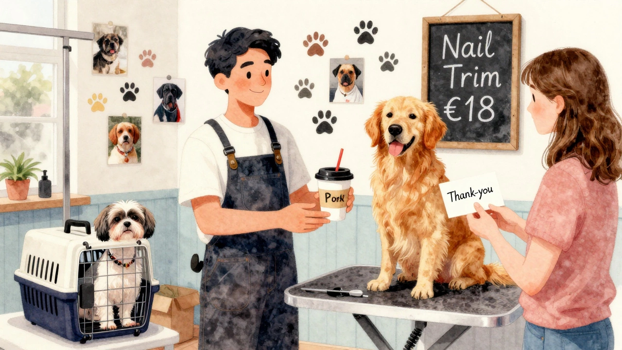 A dog groomer receiving a coffee and thank-you card from a client in a cozy pet salon.