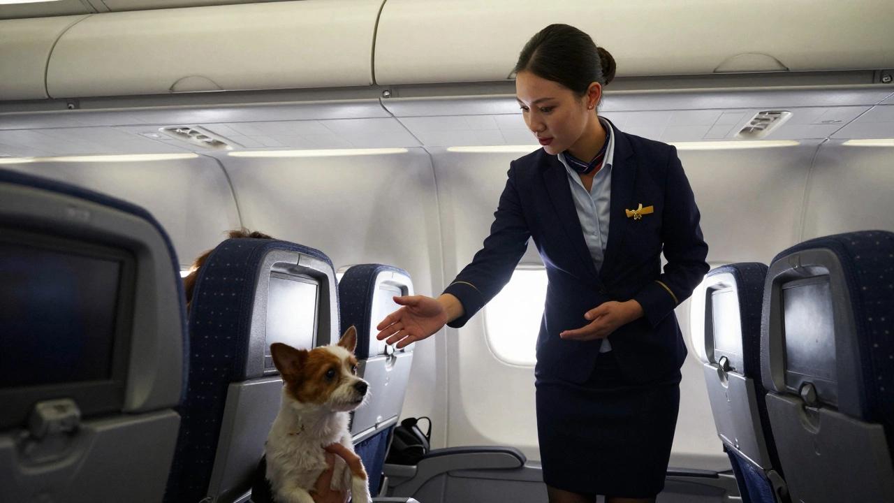 A flight attendant asks a passenger to put their dog back in its carrier.