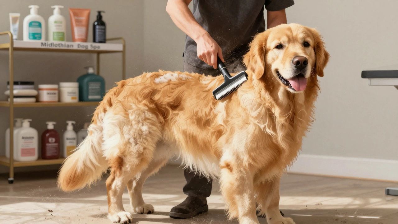 A Golden Retriever being de-shedded by a groomer using a specialized tool in a sunlit grooming space.