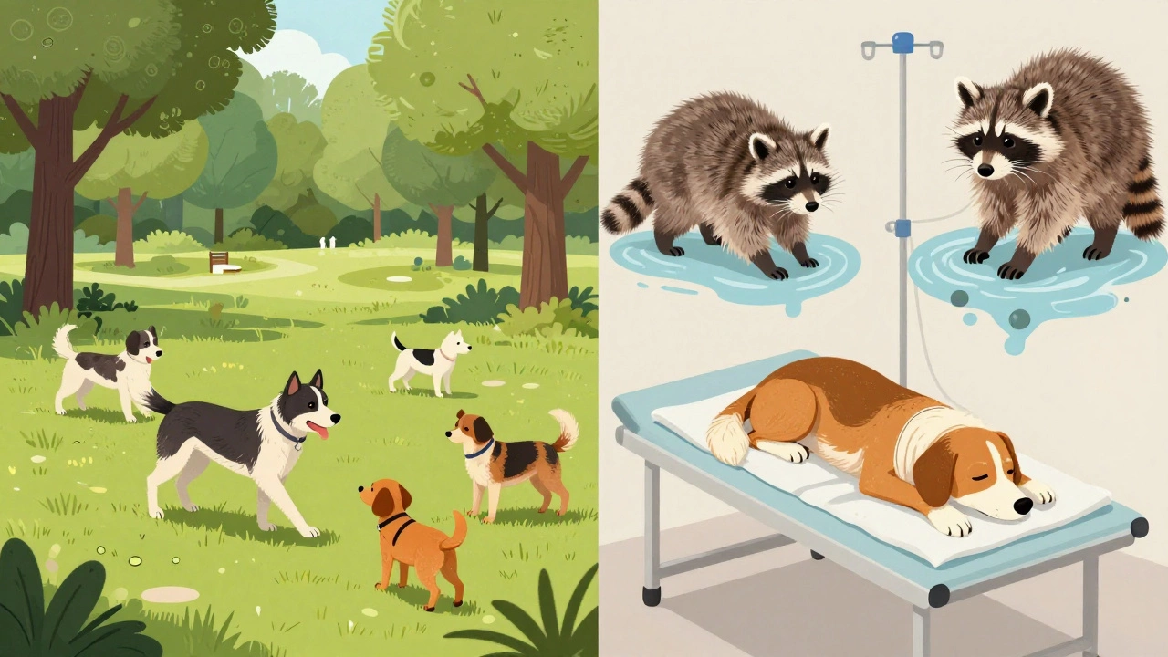 A healthy dog at a park contrasted with the same dog ill in a vet bed, showing disease risk.