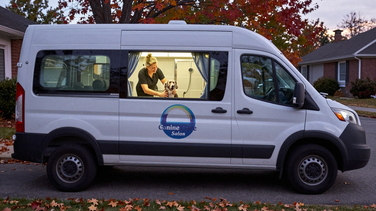 A mobile grooming van parked at a driveway, with a senior dog being bathed inside while the owner watches.