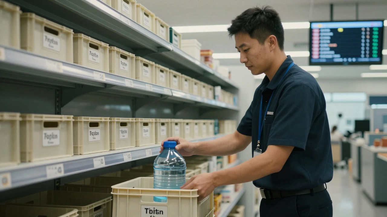 Airline staff member attaching a water container to a pet crate in a dedicated animal care center.