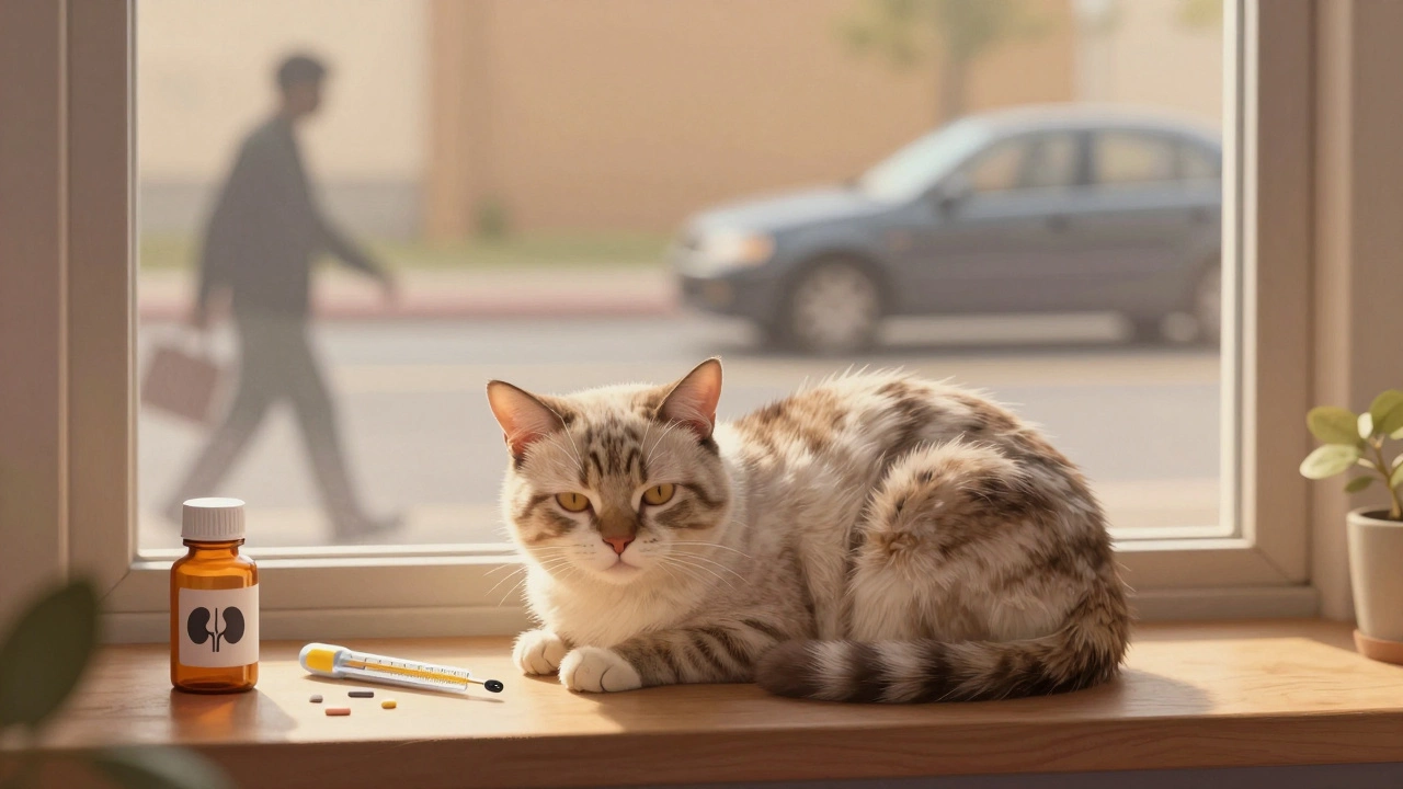 An elderly cat resting by a window, surrounded by symbols of chronic illness, bathed in warm golden light.