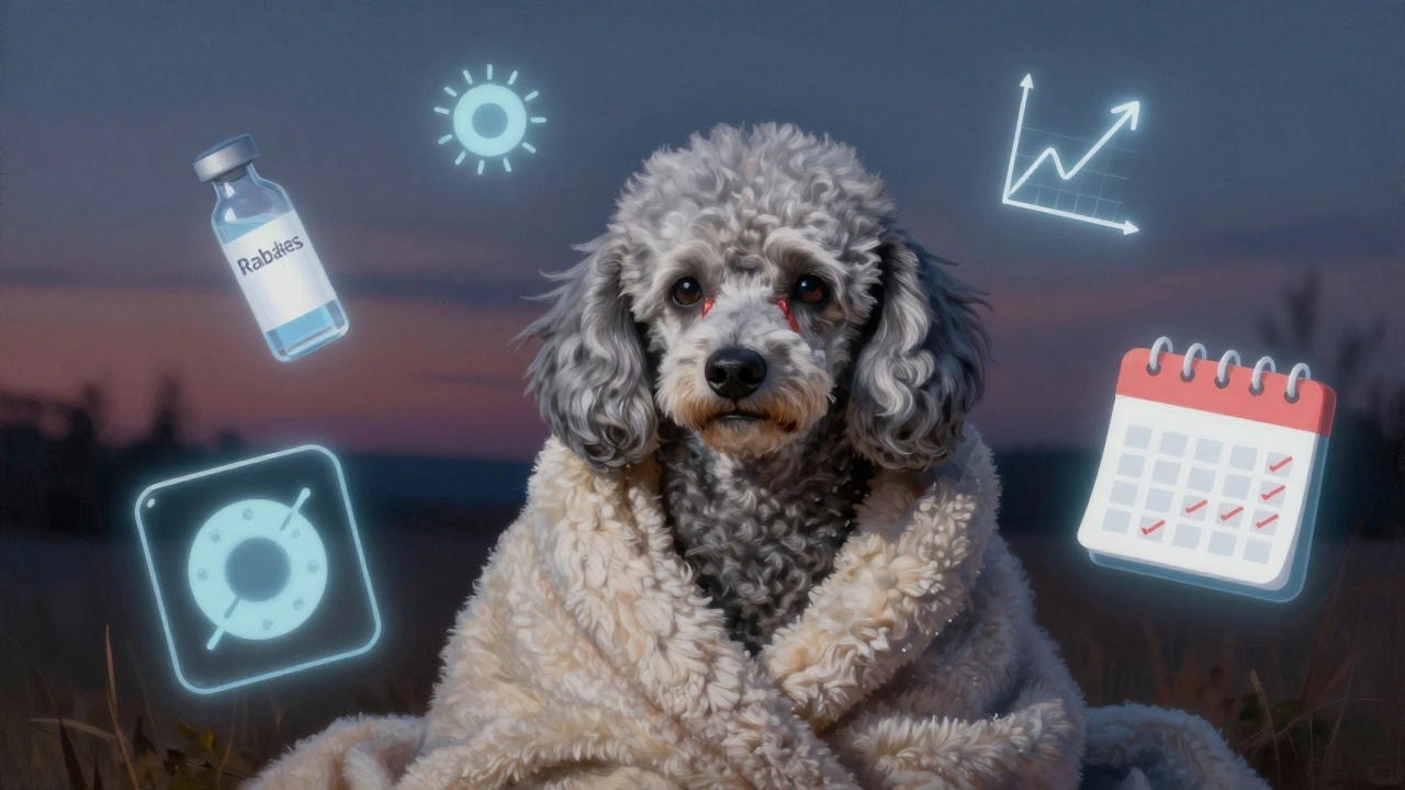 An elderly dog surrounded by floating icons representing vaccines and lifelong protection.