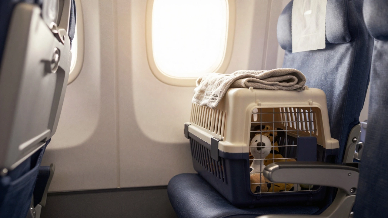 An empty airline carrier with a blanket and toy sits under a seat at dawn.