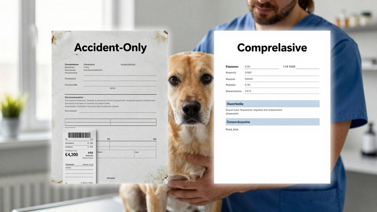 An owner cradling their dog in a vet clinic, with a glowing comprehensive insurance policy contrasting a faded accident-only one.