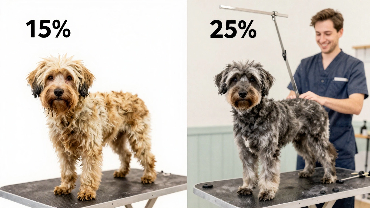 Before and after comparison of a matted dog transformed by grooming, with tipping percentages above.
