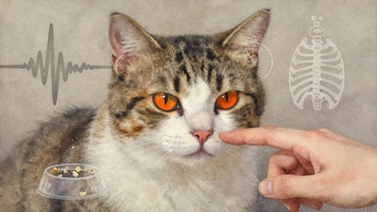 Cat's face with symbolic hunger cues floating around it: clock, soundwave, ribcage, and food bowl