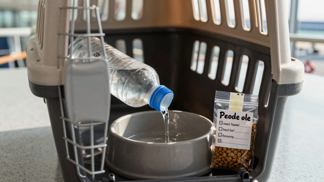 Close-up of a pet crate with frozen water bottle and labeled food bag attached to the door.