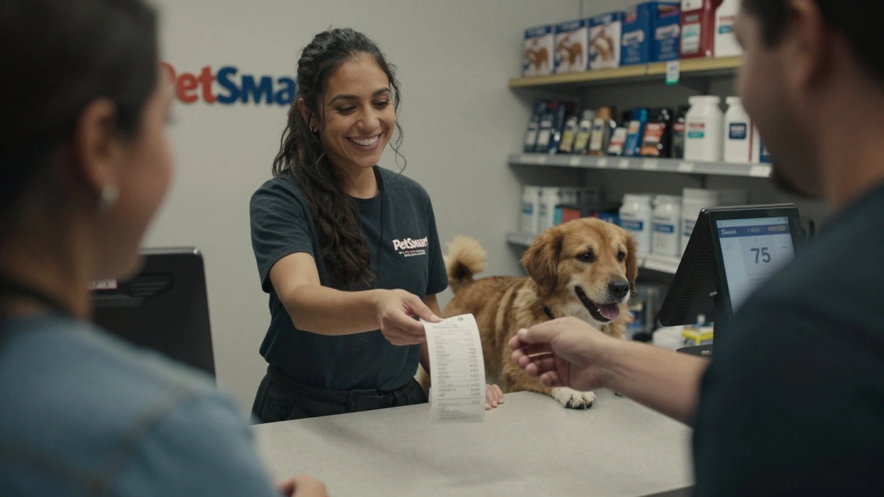 Customer giving a cash tip to a PetSmart groomer while their happy dog waits nearby.