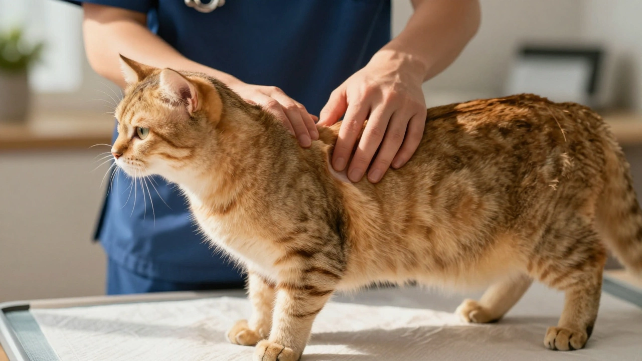 Hand checking cat ribs for healthy weight assessment