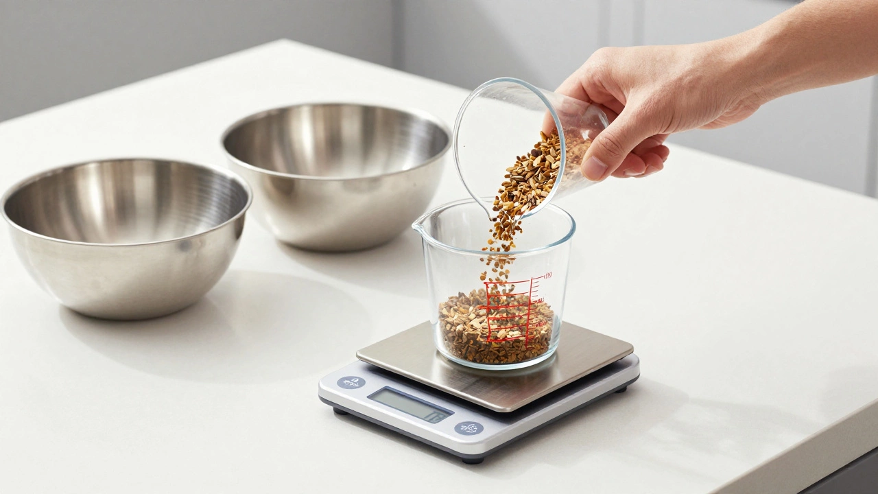 Hand measuring dry dog food on kitchen scale with empty bowls