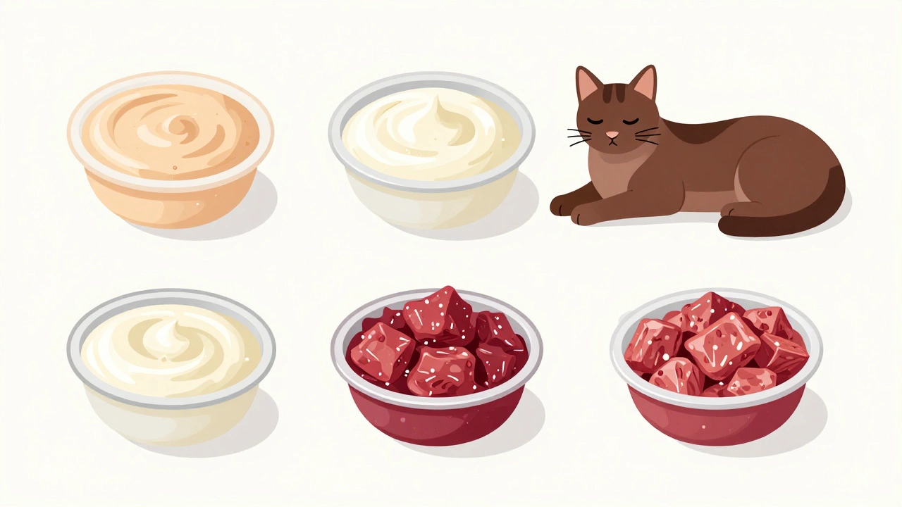 Illustration of different wet food textures for cats