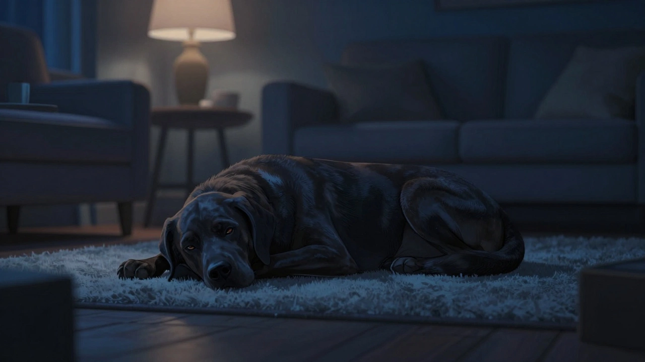 Large dog resting peacefully on rug in dim evening indoor setting