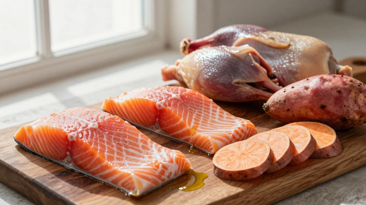 Raw salmon, duck meat, and sweet potatoes on wooden board
