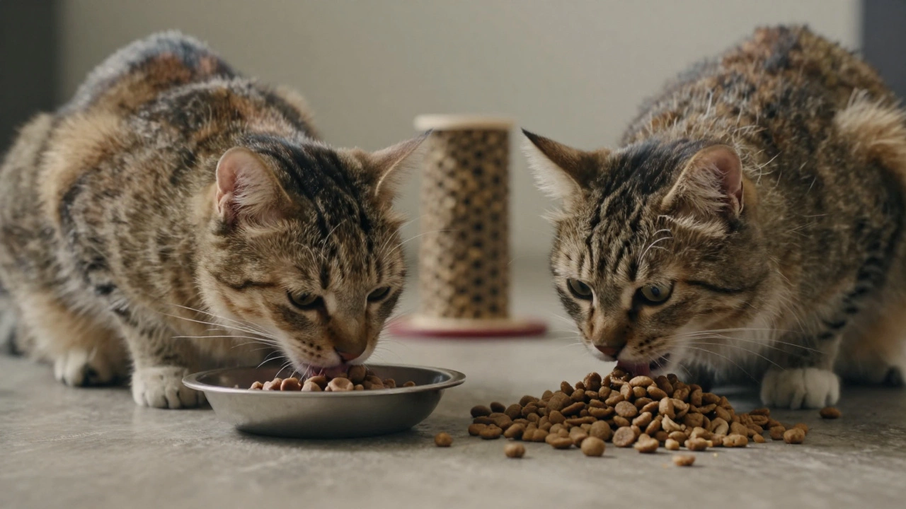 Two cats eating differently—one calmly, one greedily—highlighting feeding habits.