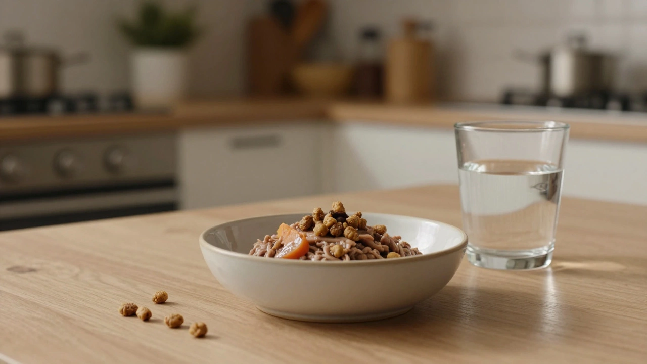 A bowl of mixed wet and dry cat food in a bright kitchen
