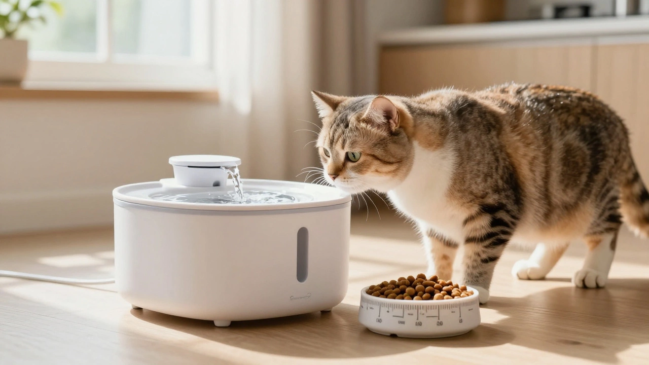 A cat drinking from a water fountain next to a bowl of dry cat food
