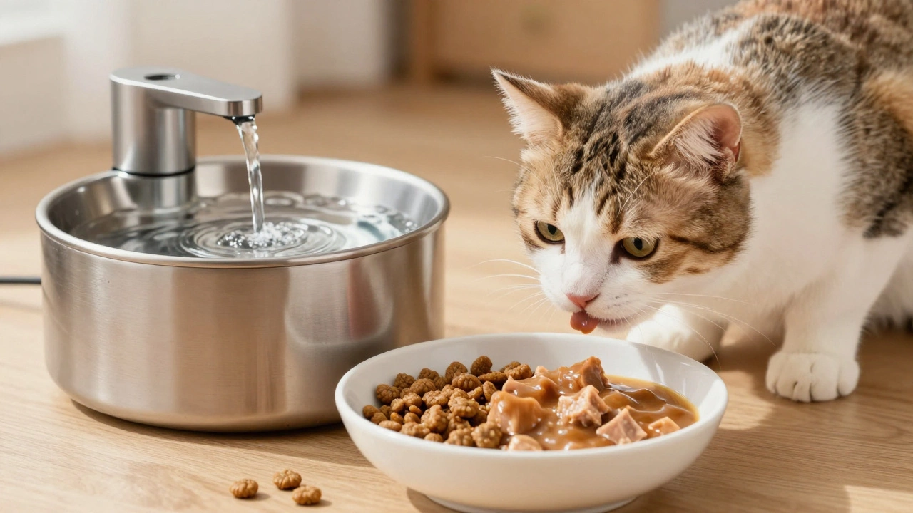 A cat eating a mix of wet and dry food next to a water fountain.
