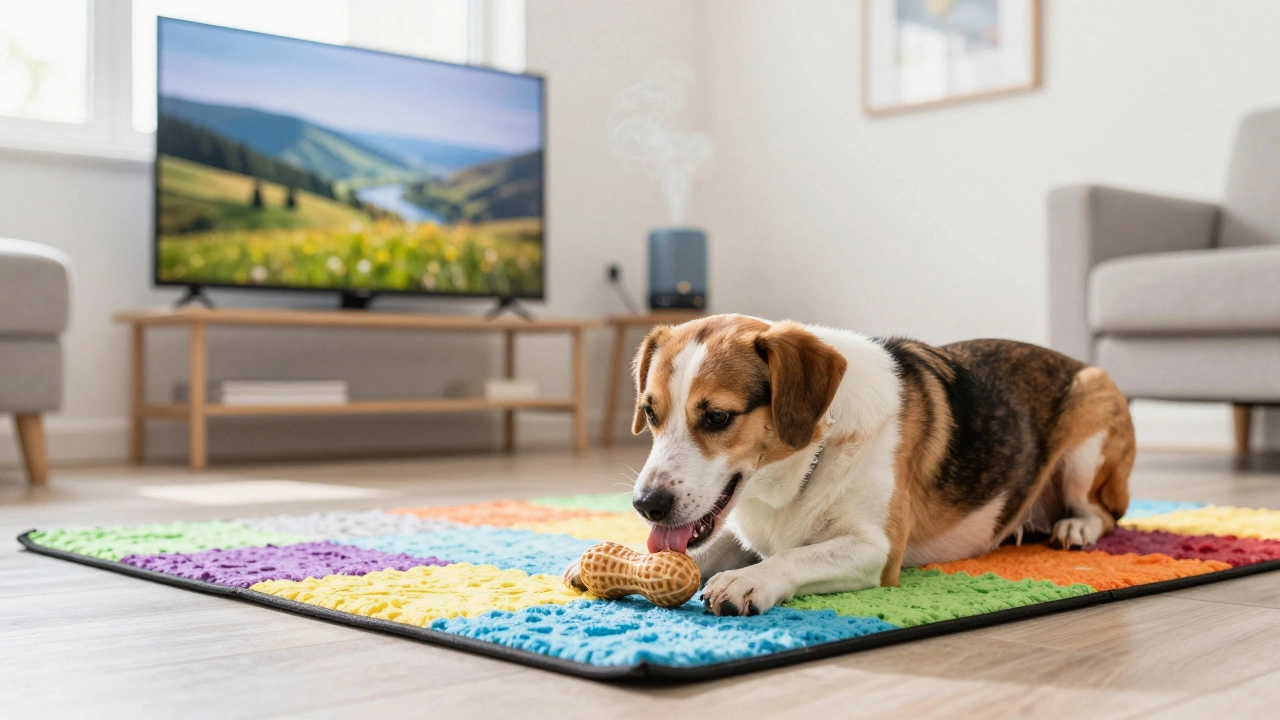 A dog enjoying a puzzle toy with a TV playing in the background