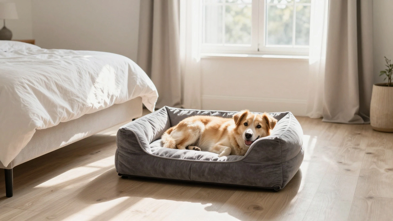 A dog sleeping comfortably in its own orthopedic bed next to a human bed.