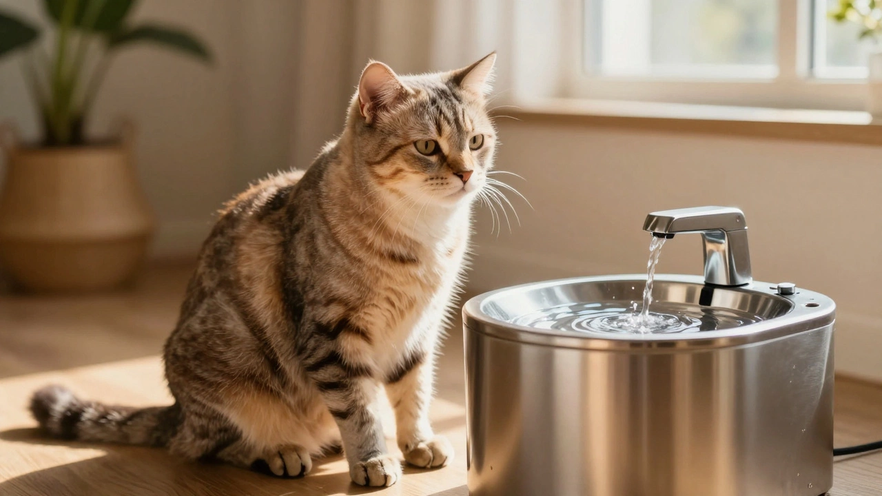 A healthy senior cat sitting next to a flowing water fountain in a sunny room.