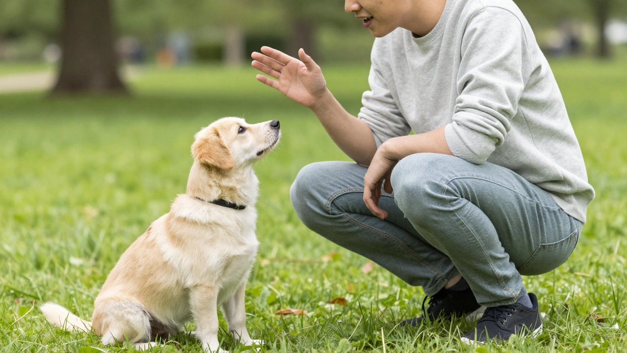 A person squatting to speak with a dog that is tilting its head in a park