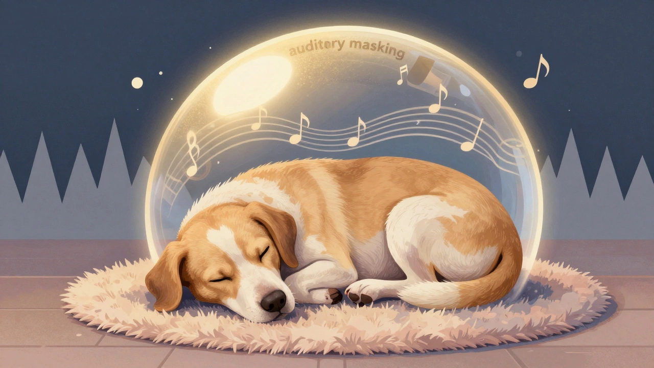 A sleeping dog protected by a golden bubble of calming music