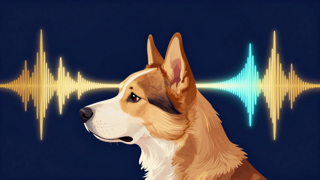 Artistic depiction of colorful sound waves entering a dog's ear