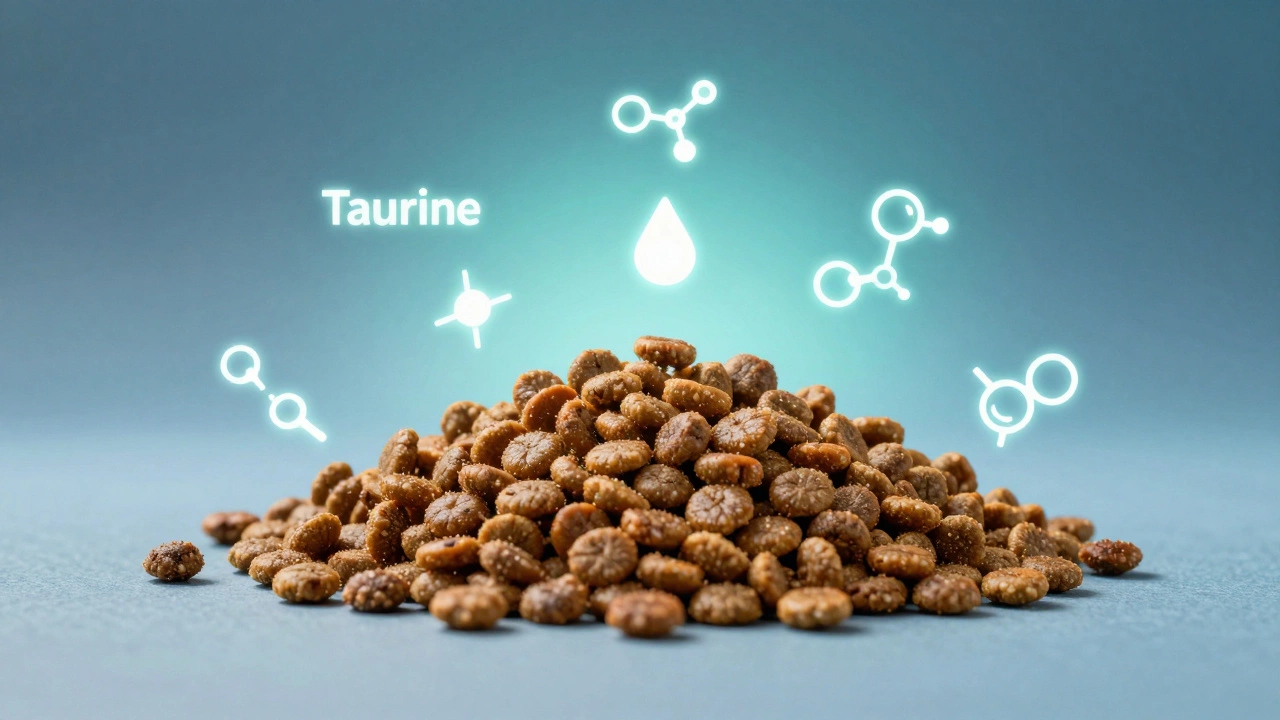Artistic depiction of nutrient-dense cat food with glowing amino acid symbols