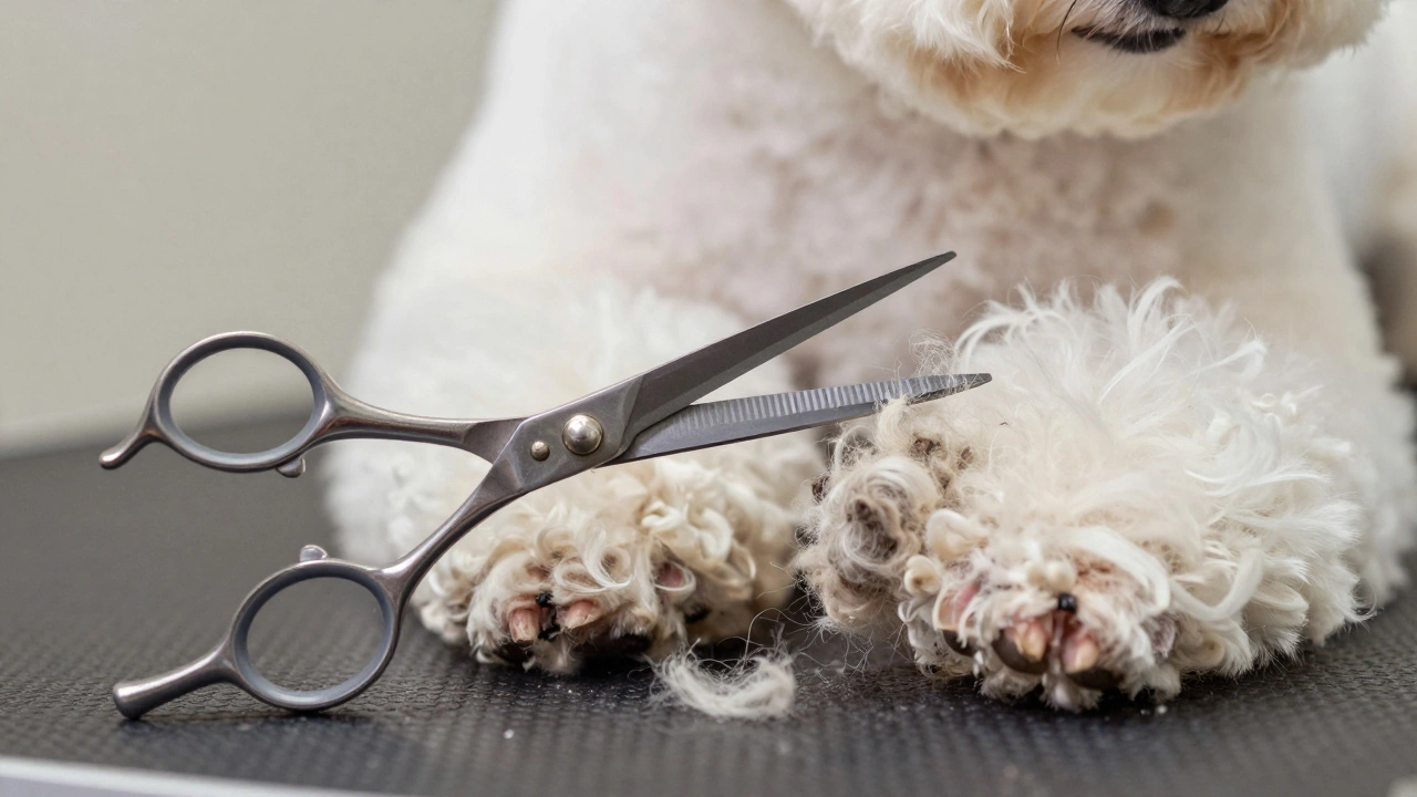 Close-up of professional scissors trimming the curly fur of a small white dog