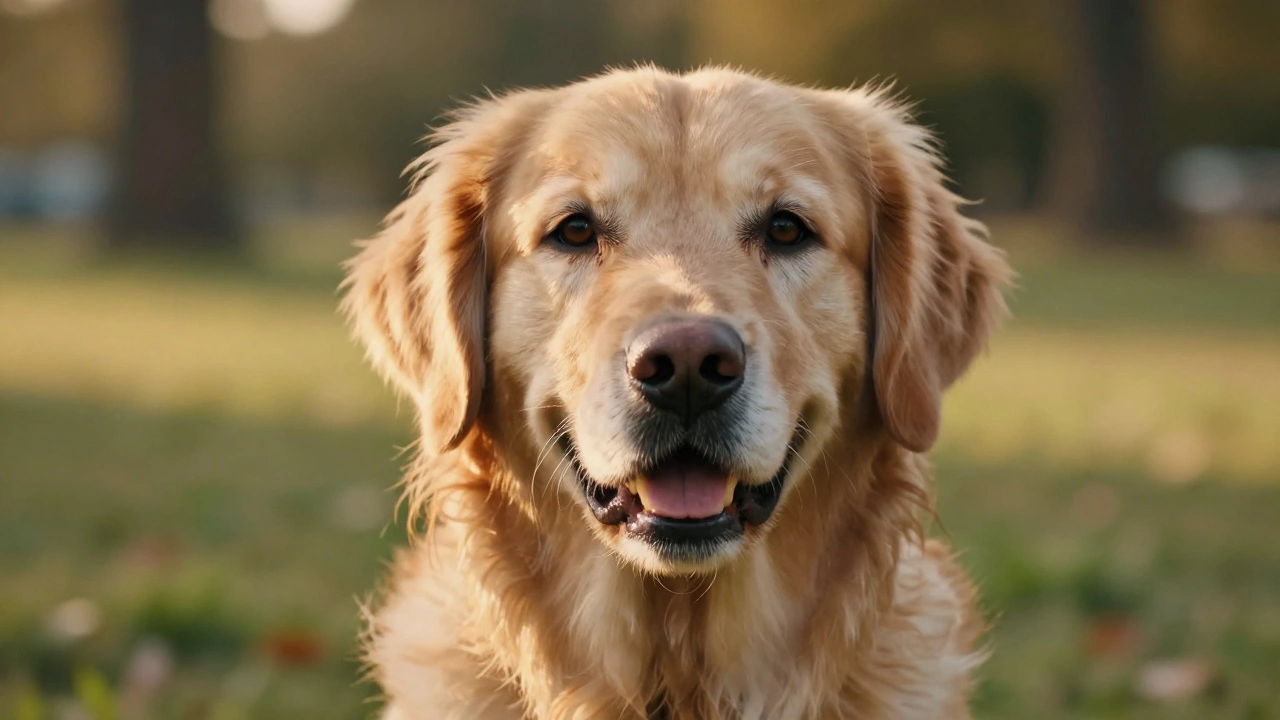 Close-up portrait of a healthy senior Golden Retriever with a glossy coat in a sunlit park