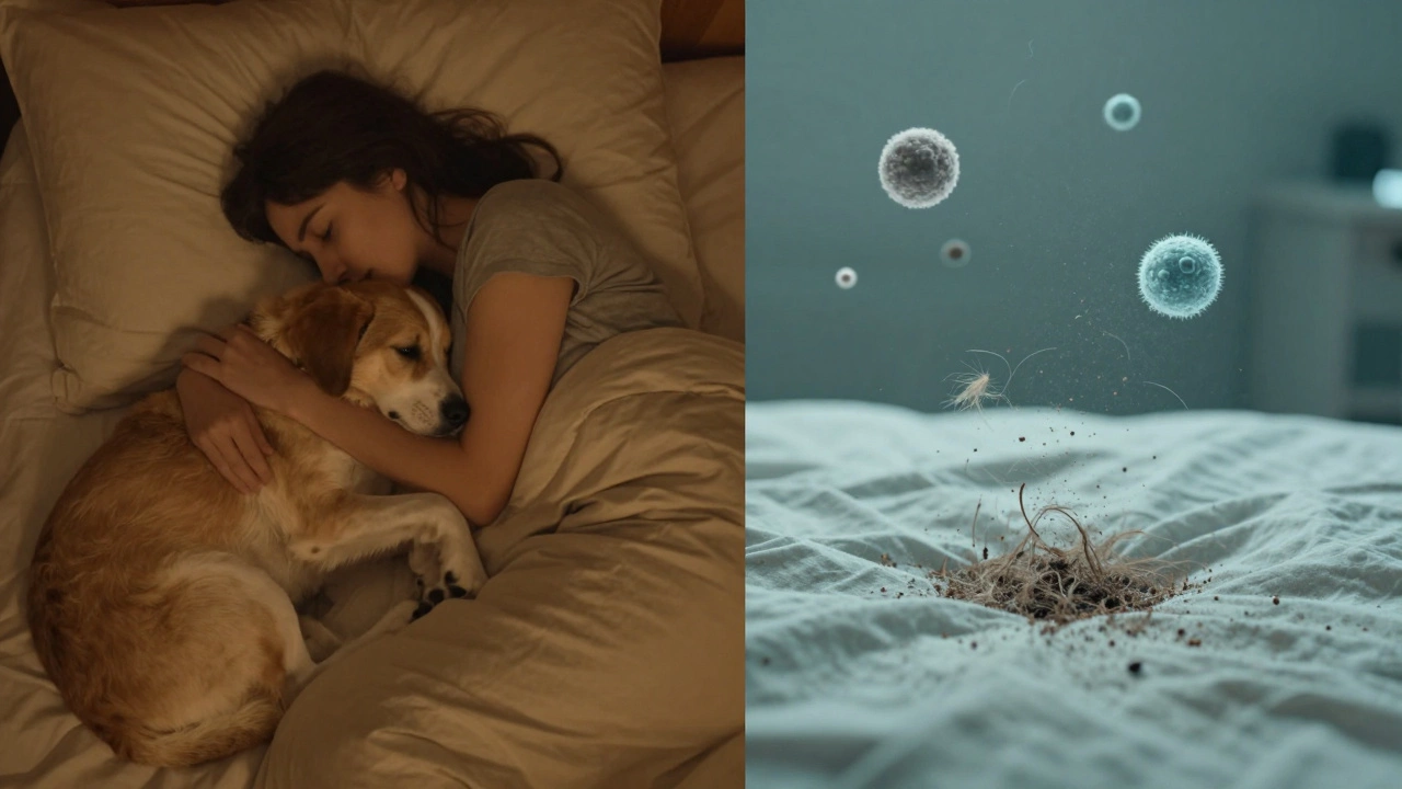 Comparison between the emotional bond of cuddling a dog and the reality of pet hair.