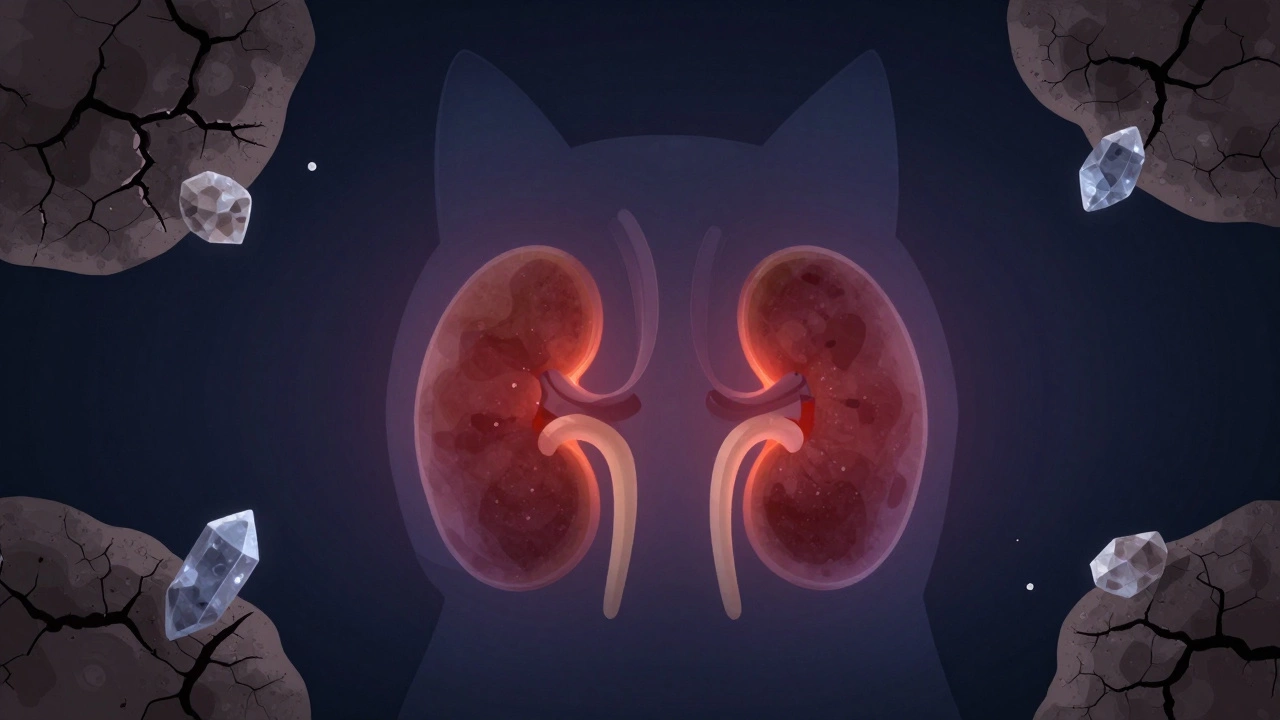 Conceptual illustration of a cat's silhouette showing kidney strain and crystals.