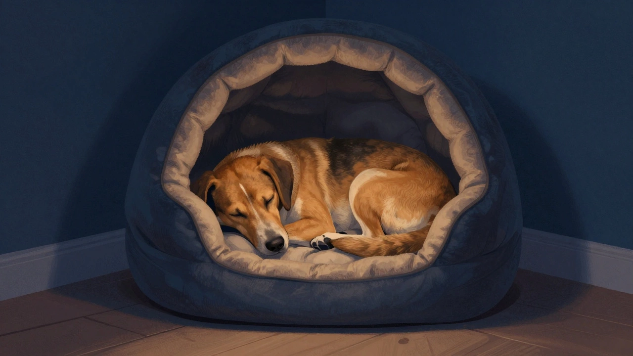 Dog curled up securely inside a circular bolstered donut bed in a cozy corner