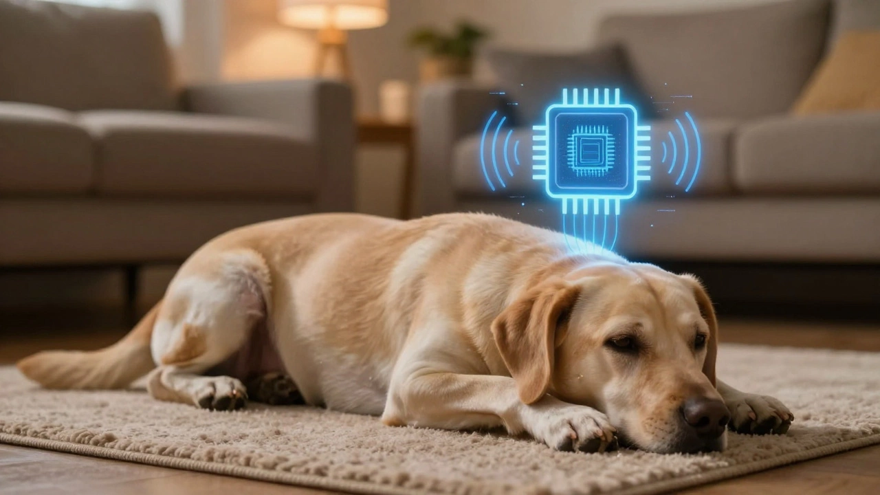 Dog resting at home with a holographic microchip symbol showing invisible ID